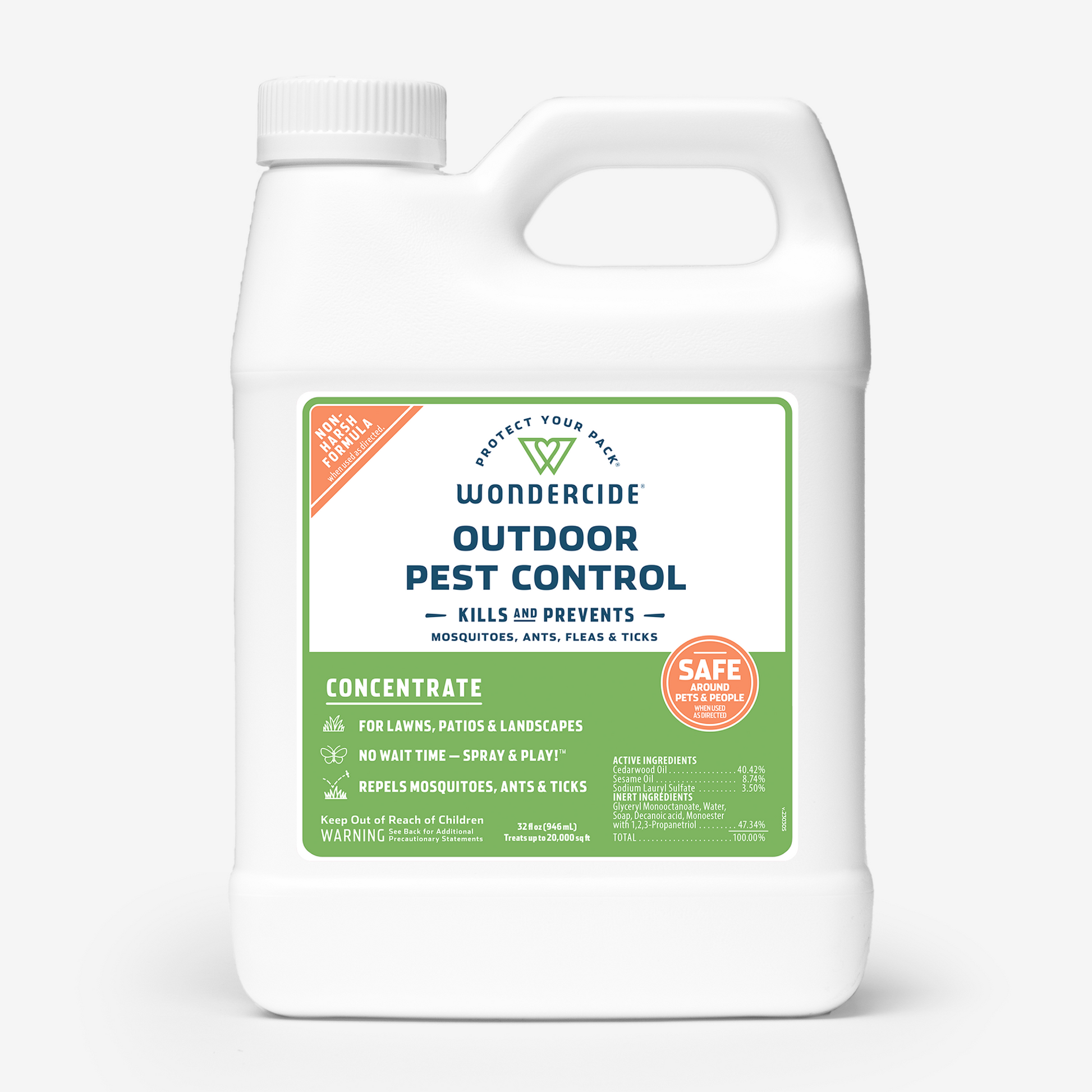 A white bottle of Wondercide Outdoor Pest Control Concentrate for Yard + Garden with Natural Essential Oils and a screw cap repels mosquitoes, ants, fleas, and ticks. The label highlights its safety for use on lawns, patios, and landscapes.