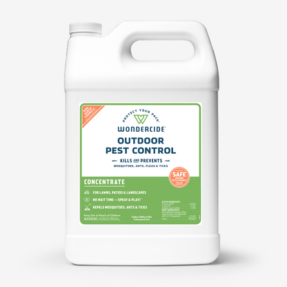 A white jug of Wondercide Outdoor Pest Control Concentrate for Yard + Garden with a green label. It effectively repels mosquitoes, ants, fleas, and ticks while being safe for people, pets, and plants—ideal for use on lawns and patios.