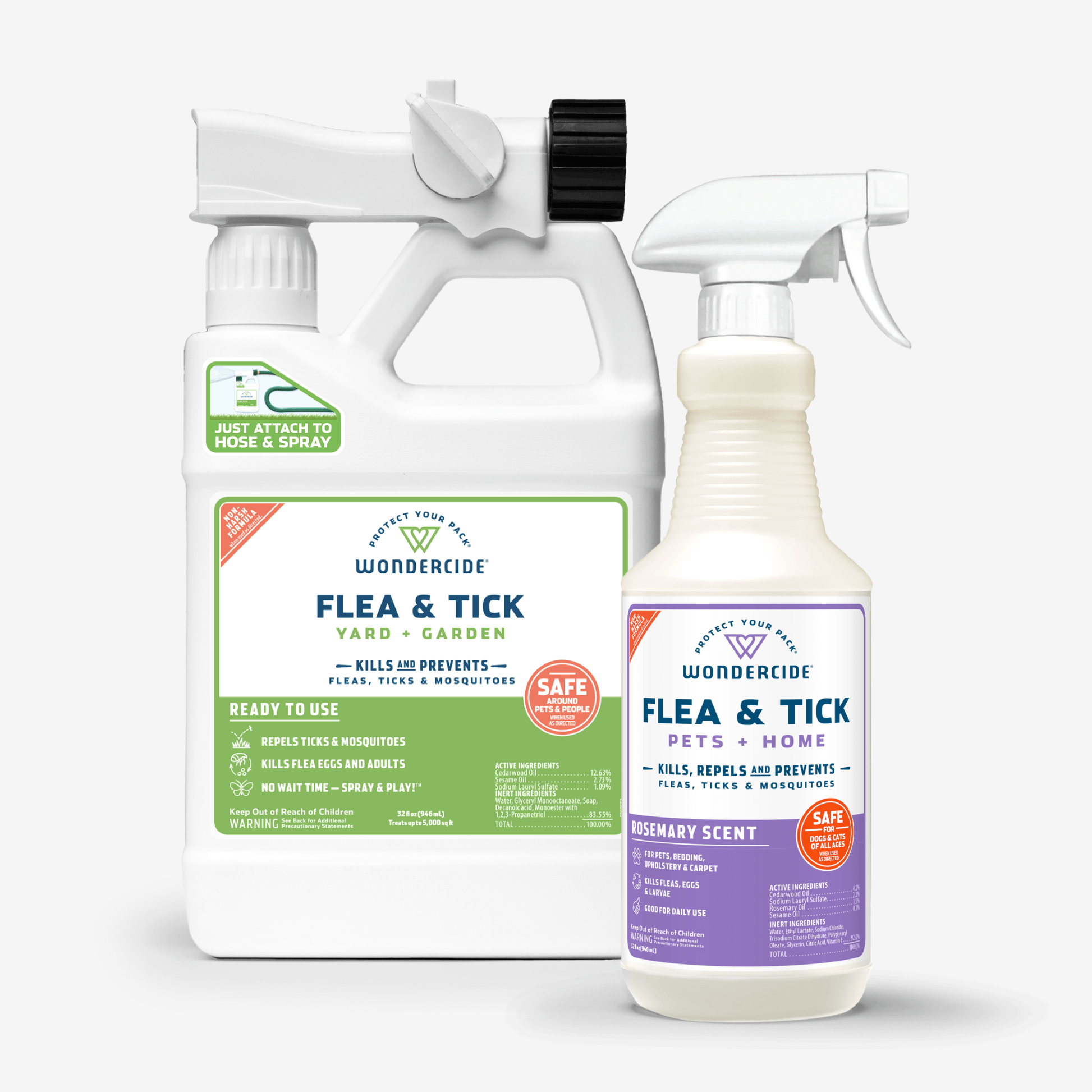 Wondercides Complete Control Flea & Tick Kit with Natural Essential Oils includes two bottles: a larger one for yard use with hose attachment and a smaller rosemary-scented trigger spray for home, both offering plant-powered protection safe for dogs and cats.