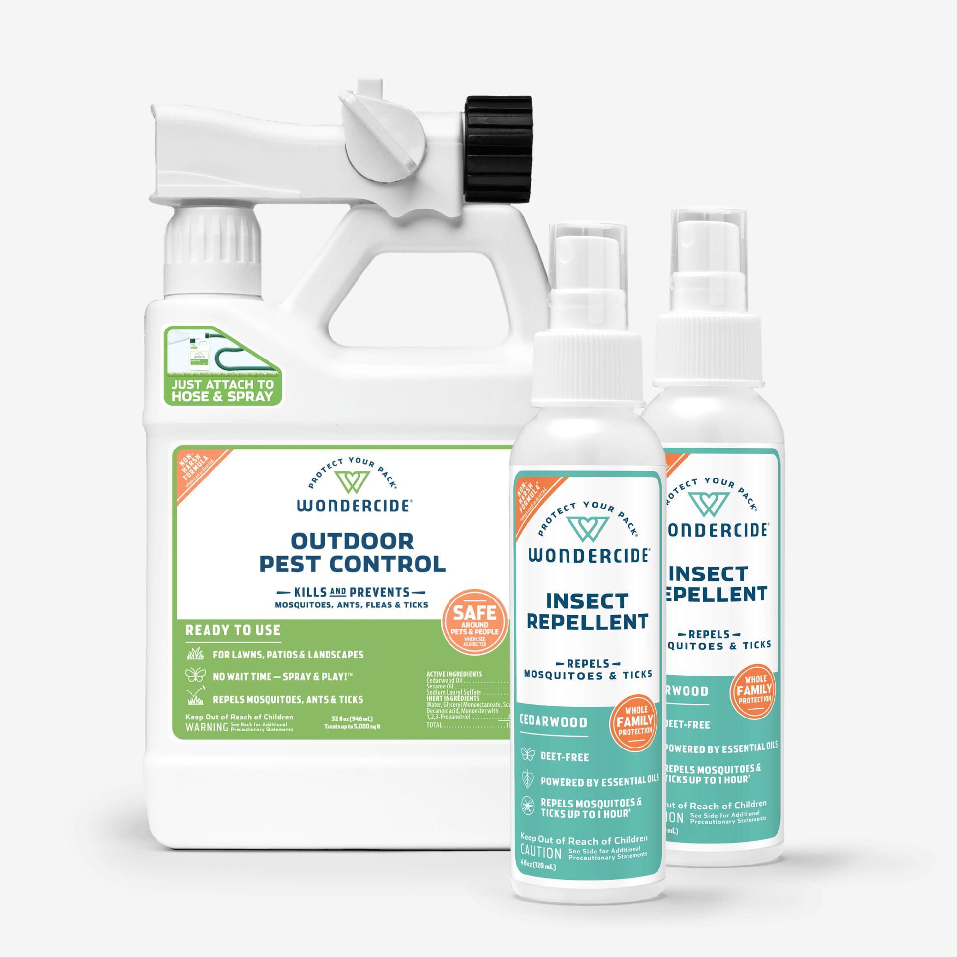 The Wondercide Complete Control Mosquito Kit with Natural Essential Oils includes a large outdoor mosquito repellent spray with hose attachment and two family-safe, essential oil-based repellent sprays for all-around protection.