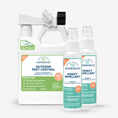 The Wondercide Complete Control Mosquito Kit with Natural Essential Oils includes a large outdoor mosquito repellent spray with hose attachment and two family-safe, essential oil-based repellent sprays for all-around protection.