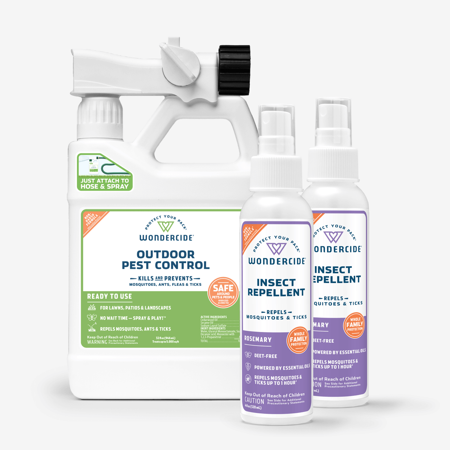Wondercide’s Complete Control Mosquito Kit with Natural Essential Oils includes a large outdoor spray with hose attachment and two smaller sprays for family and pets—your plant-powered solution for effective mosquito repellent protection.