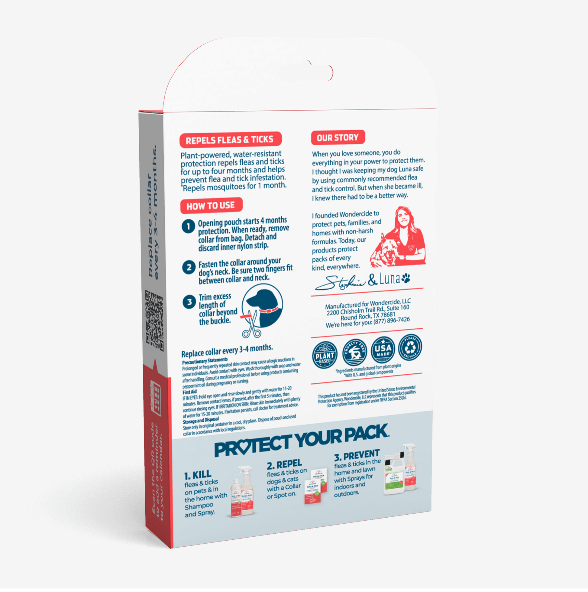 The image shows the back of a Wondercide 12-Month Flea & Tick Collar for Small to Medium Dogs package, highlighting its plant-powered benefits, usage instructions, and testimonials. Its sleek design in white with red and blue accents emphasizes effective tick prevention.
