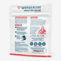 The back of a Wondercide 12-Month Flea & Tick Collar for Small to Medium Dogs package features plant-powered benefits, usage instructions, a collar illustration, company story, and certification icons for effective flea and tick protection.