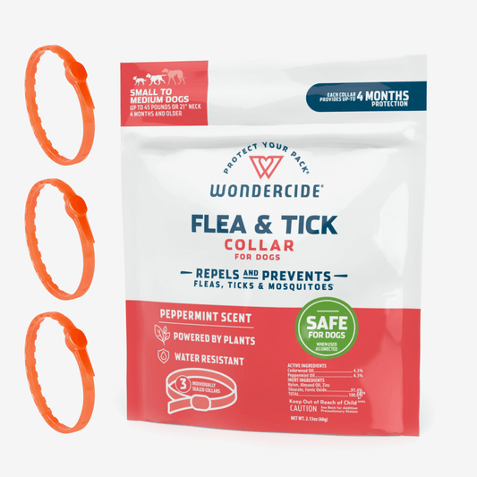 Three orange Wondercide 12-Month Flea & Tick Collars for small to medium dogs next to the product package, offering a peppermint scent, water resistance, mosquito repellent benefits, and year-long flea and tick protection.