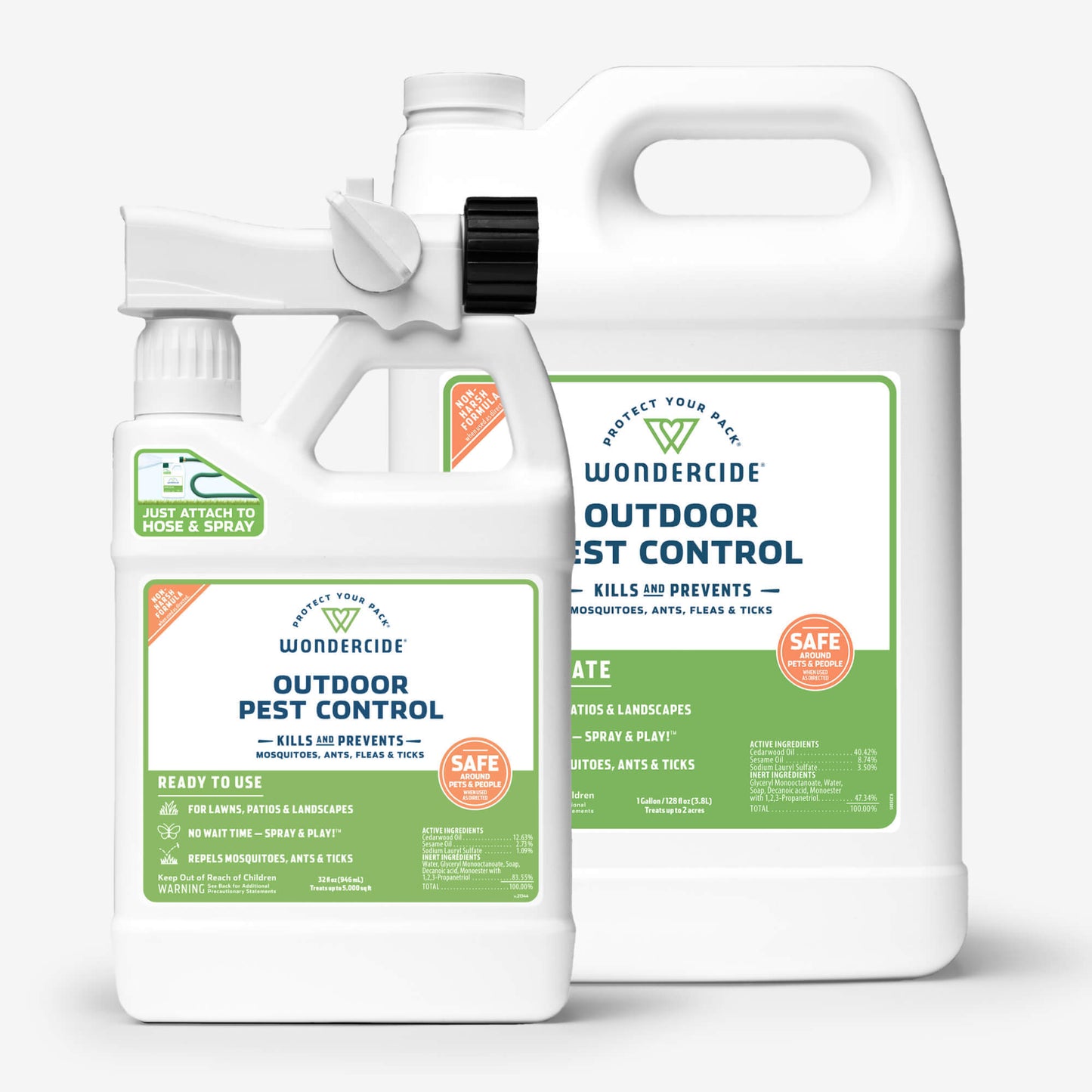 The Wondercide Mosquito Yard Spray Refill Starter Kit with Natural Essential Oils includes two bottles featuring a spray with hose attachment and a plant-powered refill kit. Labels emphasize mosquito repellent properties, ensuring lawn and landscape safety while effectively targeting ants, fleas, and ticks.