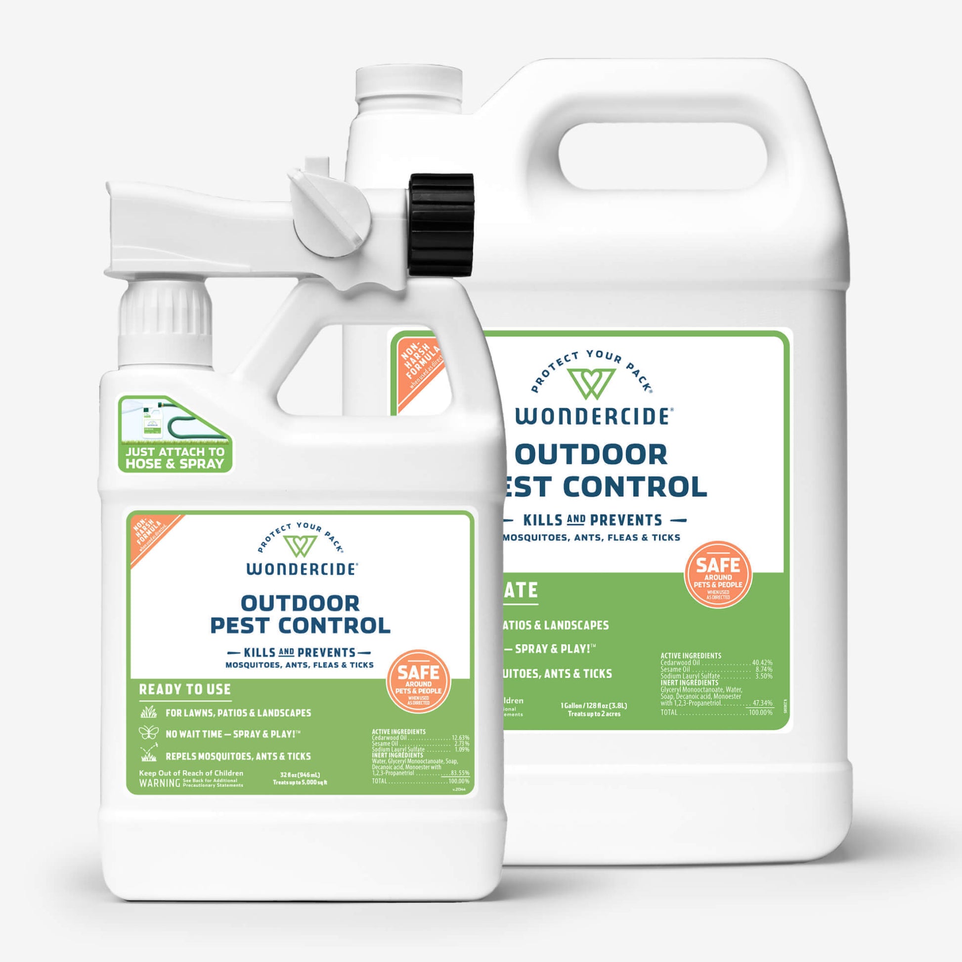 The Wondercide Mosquito Yard Spray Refill Starter Kit with Natural Essential Oils includes two bottles featuring a spray with hose attachment and a plant-powered refill kit. Labels emphasize mosquito repellent properties, ensuring lawn and landscape safety while effectively targeting ants, fleas, and ticks.
