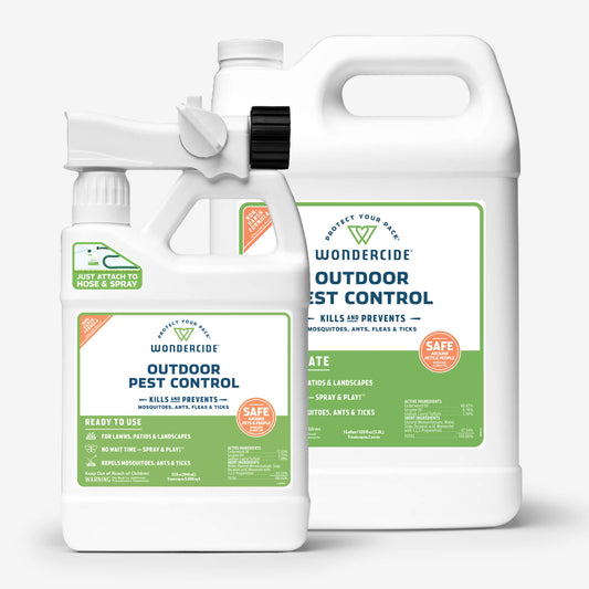 The Wondercide Mosquito Yard Spray Refill Starter Kit with Natural Essential Oils includes two bottles featuring a spray with hose attachment and a plant-powered refill kit. Labels emphasize mosquito repellent properties, ensuring lawn and landscape safety while effectively targeting ants, fleas, and ticks.