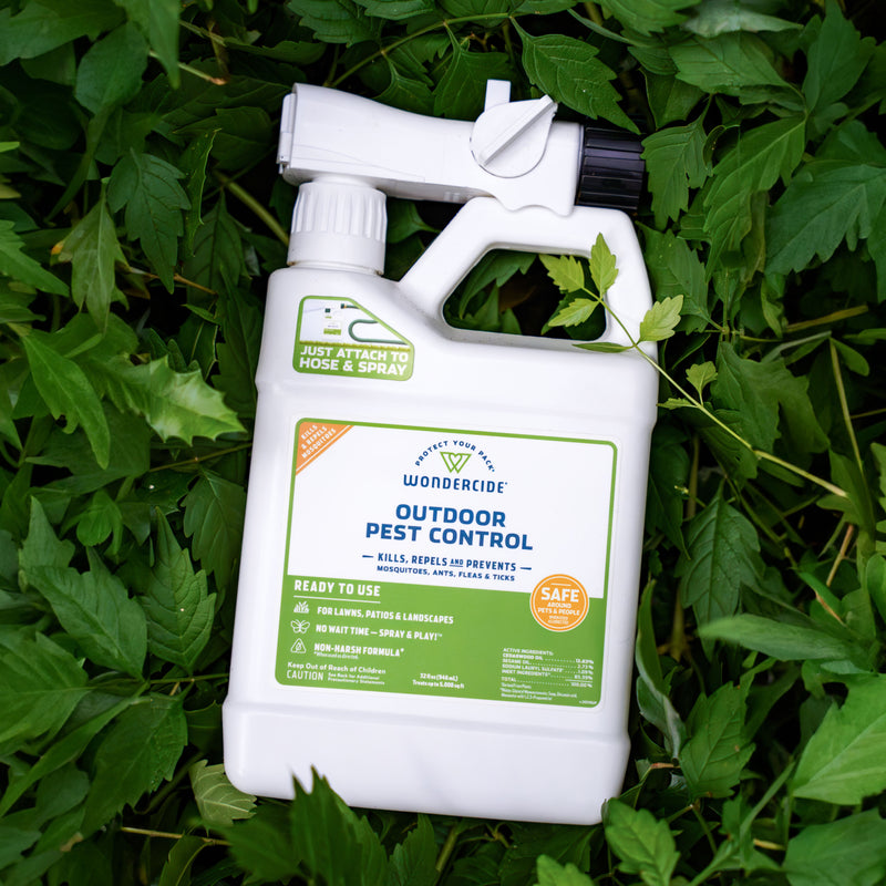 A white Wondercide Ready-to-Use Outdoor Mosquito Spray bottle sits on green leaves. Its label shows a hose attachment for easy yard, patio, and landscape use, providing safe pest protection that kills mosquitoes and fleas.