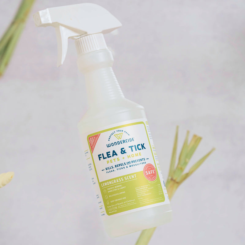 A bottle of Wondercide Lemongrass Flea & Tick Spray for Pets + Home stands upright, labeled to kill, repel, and prevent fleas, ticks, and mosquitoes. Blurred lemongrass stalks are visible in the background.
