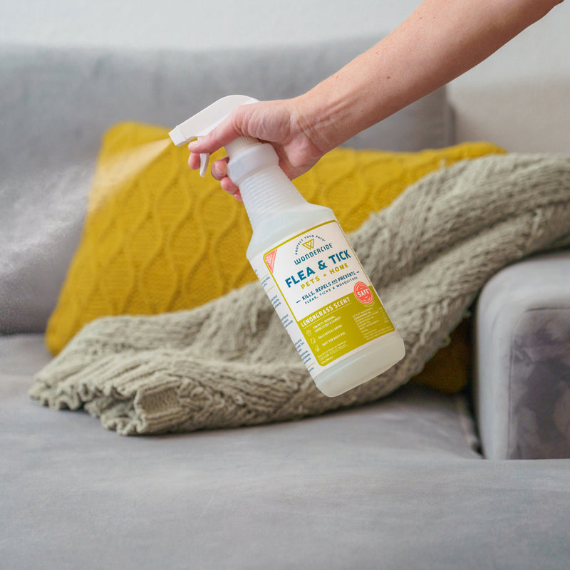 A hand sprays Wondercide Lemongrass Flea & Tick Spray for Pets + Home onto a gray couch, with a yellow knitted pillow and light green blanket in the background.