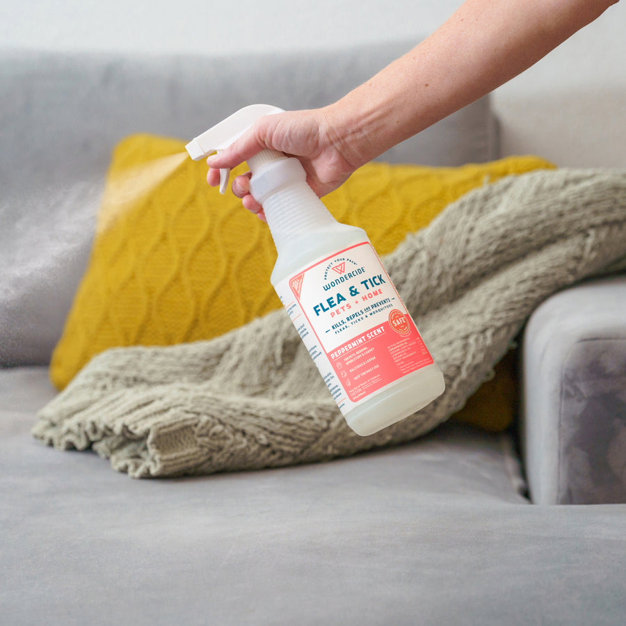A hand sprays Wondercide's Complete Control Flea & Tick Kit on a light gray couch, with a green knitted blanket and yellow cushion in the background.