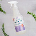 A Wondercide Rosemary Flea & Tick Spray for Pets + Home bottle stands upright with rosemary sprigs around it on a light gray background; safe for dogs and cats.