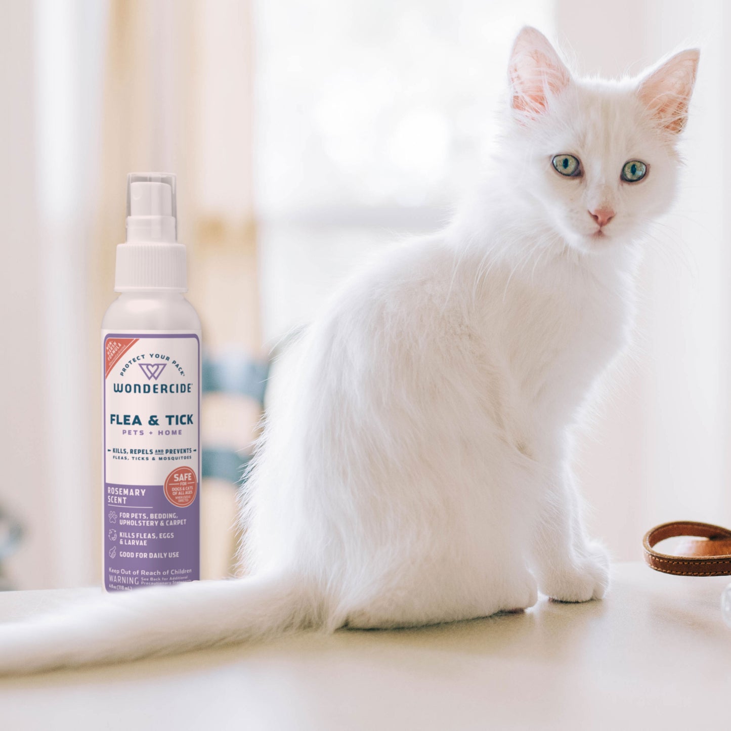 Wondercide Flea & Tick Spray Rosemary with a white cat