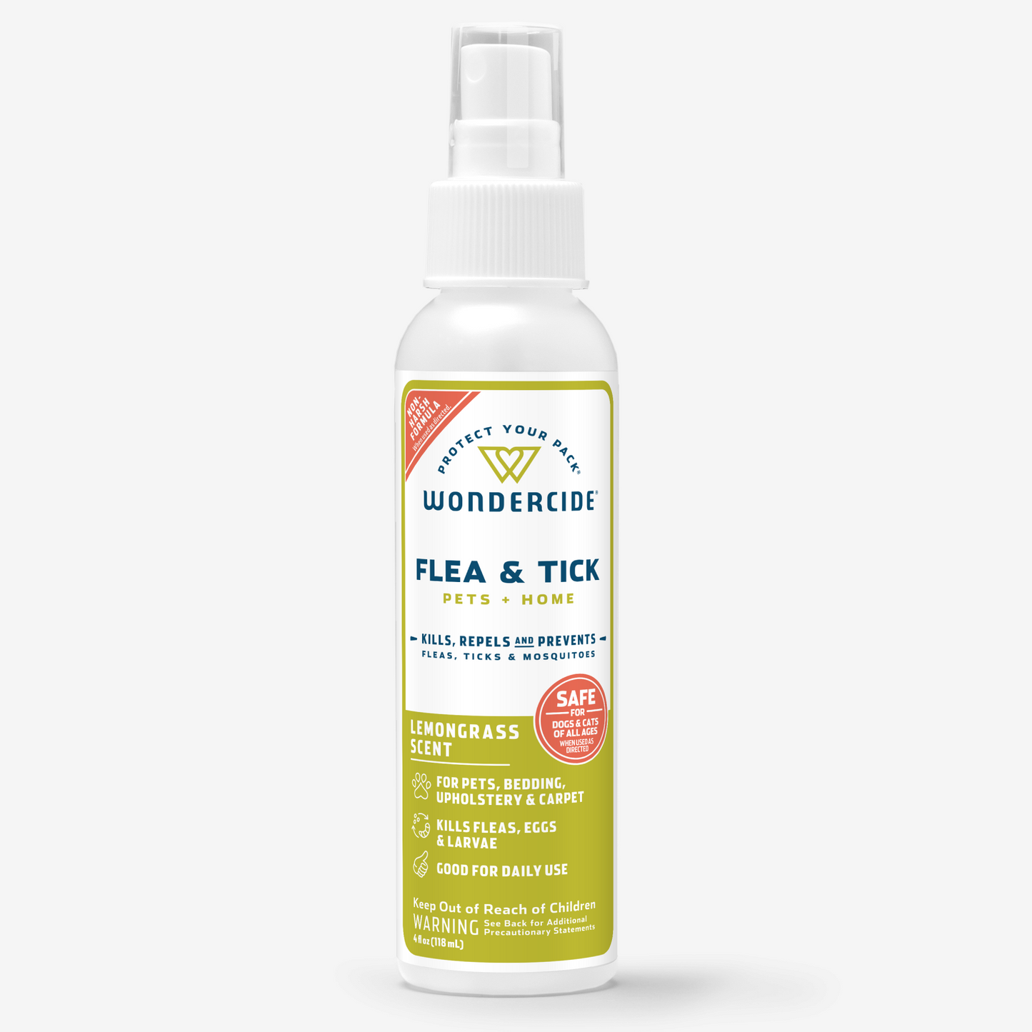 The Wondercide Lemongrass Flea & Tick Spray for Pets + Home features a plant-powered formula with natural essential oils. Its lemongrass scent safely and effectively targets fleas, ticks, and mosquitoes for daily use on multiple surfaces. White background.