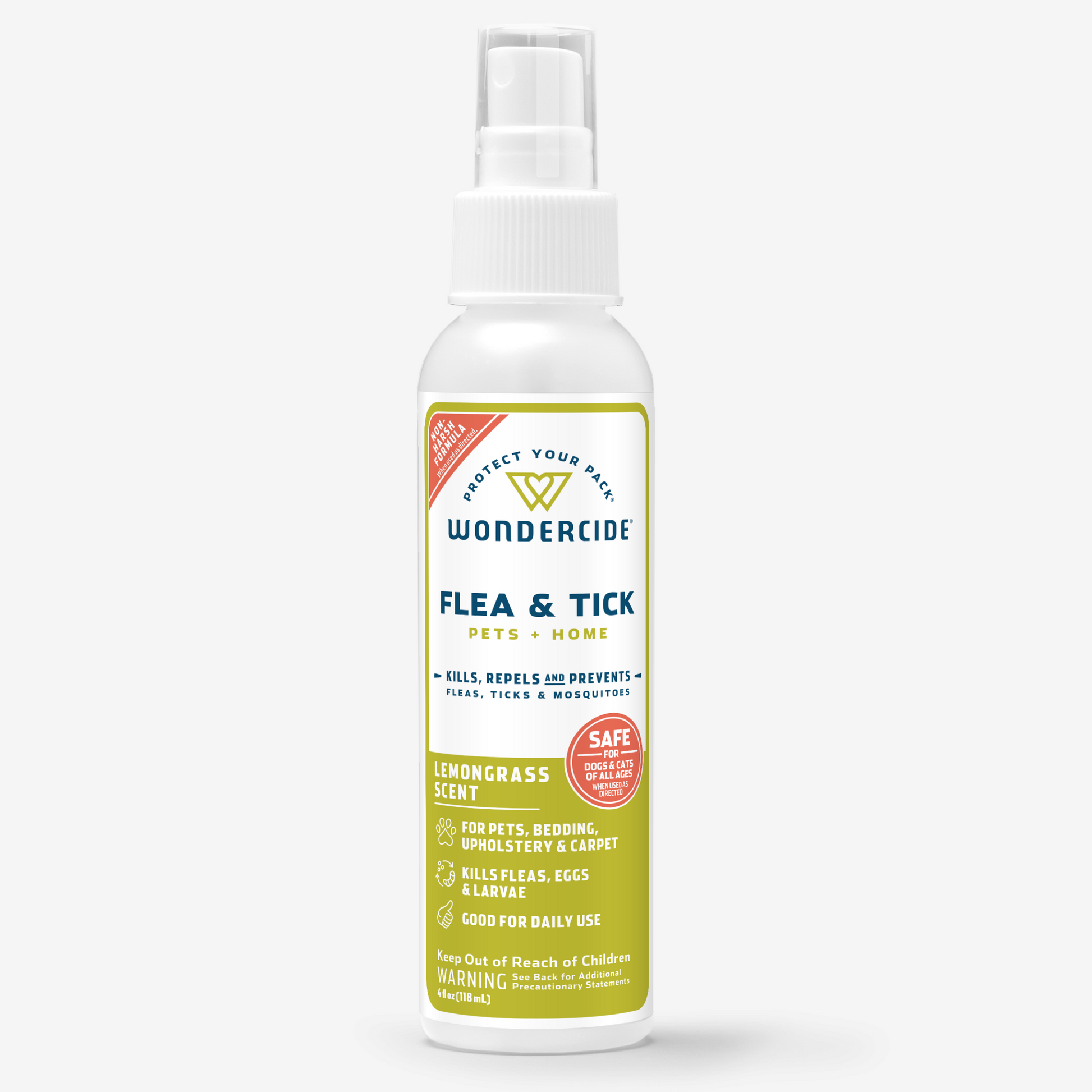 The Wondercide Lemongrass Flea & Tick Spray for Pets + Home features a plant-powered formula with natural essential oils. Its lemongrass scent safely and effectively targets fleas, ticks, and mosquitoes for daily use on multiple surfaces. White background.