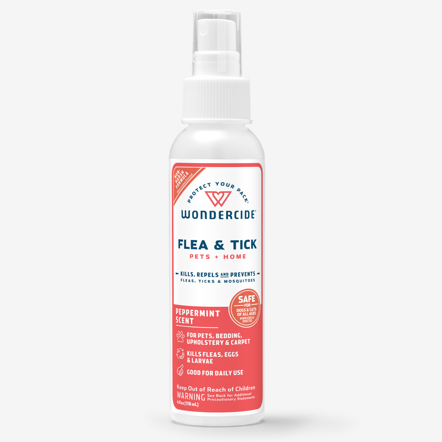The Wondercide Peppermint Flea & Tick Spray for Pets + Home has a white spray bottle and red-and-white label, featuring a peppermint scent. It kills, repels, and prevents fleas, ticks, and mosquitoes. The 4-ounce (118 ml) spray contains natural essential oils.