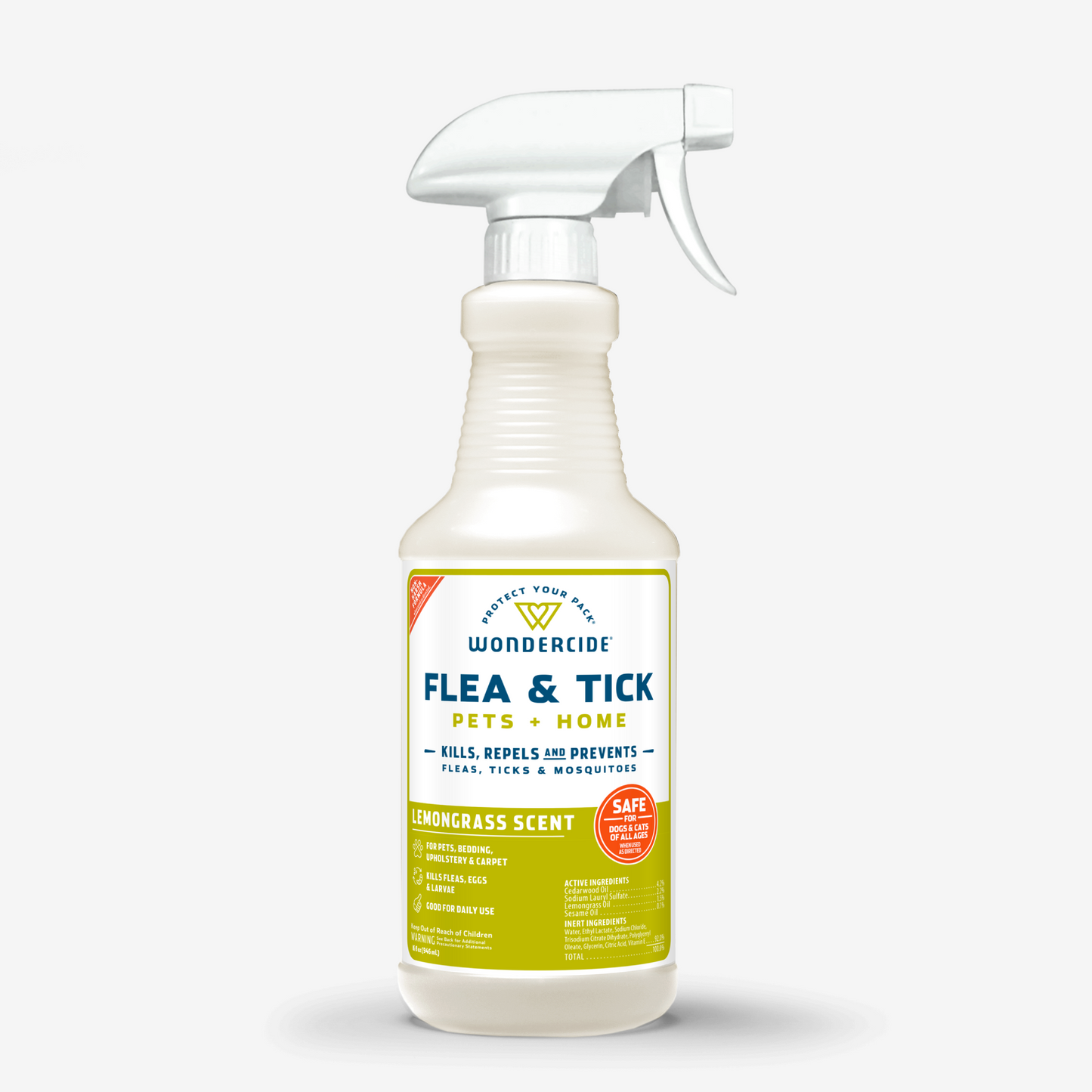 Wondercides 16 oz. Flea & Tick Spray for Pets + Home uses natural essential oils for plant-powered pest control, featuring a lemongrass scent. Its safe for family and pets, effectively killing and repelling fleas, ticks, and mosquitoes. White background label highlights these features.