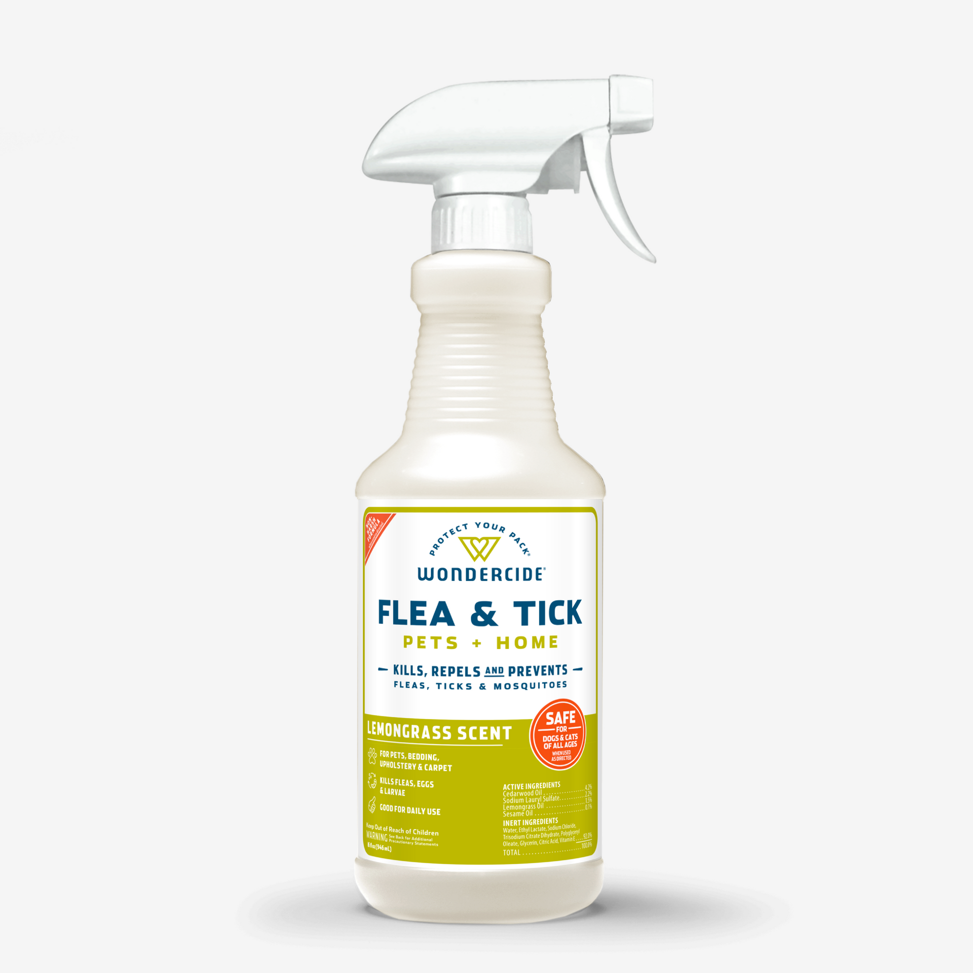 Wondercides 16 oz. Flea & Tick Spray for Pets + Home uses natural essential oils for plant-powered pest control, featuring a lemongrass scent. Its safe for family and pets, effectively killing and repelling fleas, ticks, and mosquitoes. White background label highlights these features.