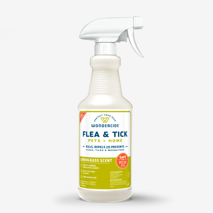 Wondercides 16 oz. Flea & Tick Spray for Pets + Home uses natural essential oils for plant-powered pest control, featuring a lemongrass scent. Its safe for family and pets, effectively killing and repelling fleas, ticks, and mosquitoes. White background label highlights these features.