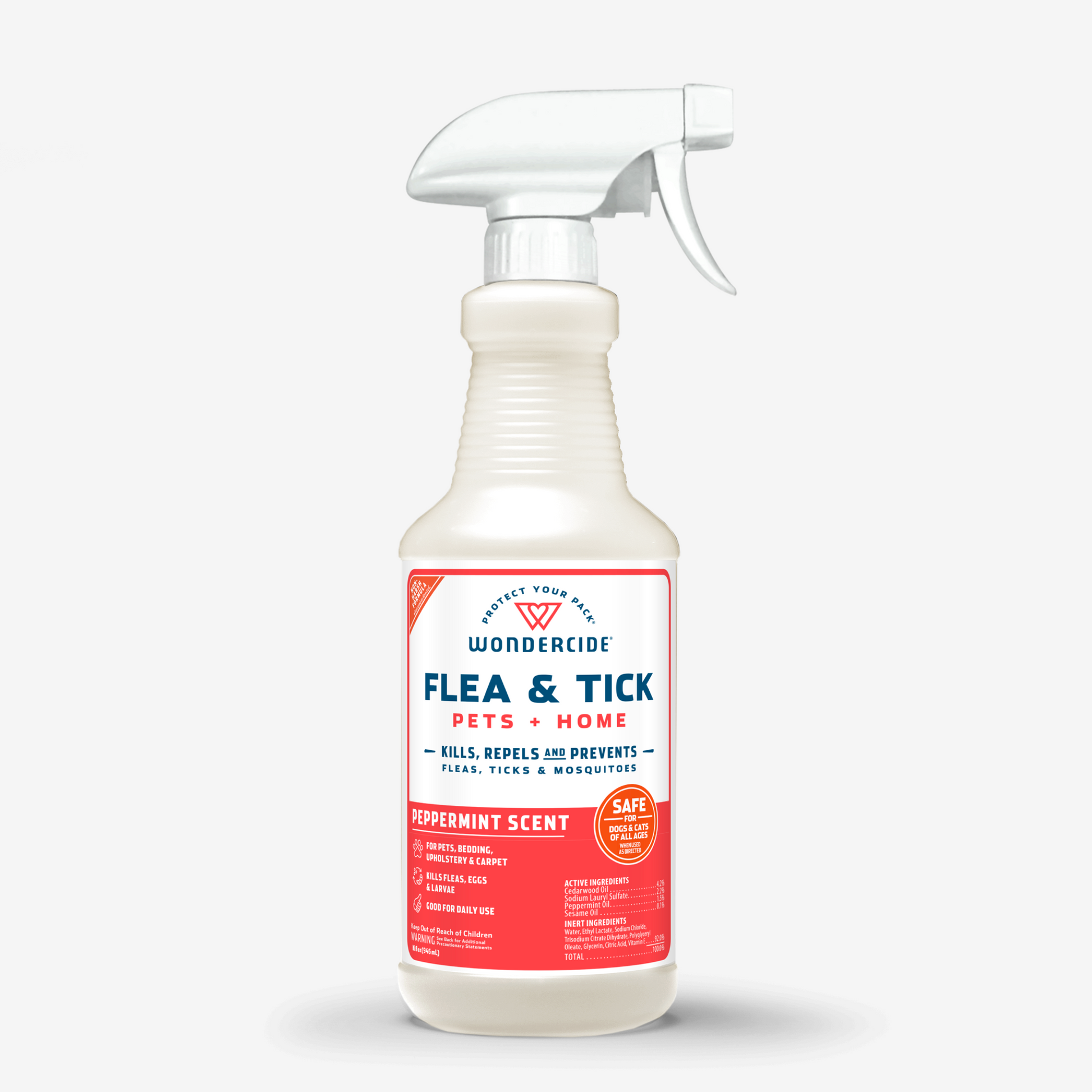Wondercides 16 oz. Flea & Tick Spray for Pets + Home features a peppermint scent and plant-powered formula that kills, repels, and prevents fleas, ticks, and mosquitoes. With a red and white label on a white spray bottle with a trigger nozzle, its safe for dogs and cats.