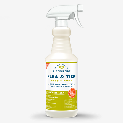 Wondercides Lemongrass Flea & Tick Spray for Pets + Home, with natural essential oils, offers a plant-powered formula that kills, repels, and prevents fleas, ticks, and mosquitoes. This white spray bottle ensures safety and effectiveness with a refreshing lemongrass scent.