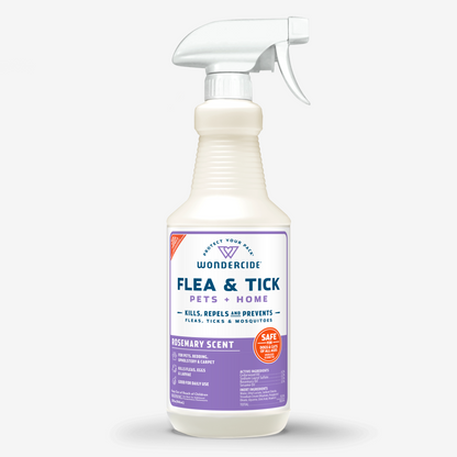 Wondercide Rosemary Flea & Tick Spray for Pets + Home in a white bottle with a purple label kills, repels, and prevents fleas, ticks, and mosquitoes. Plant-powered and rosemary-scented, it's safe for dogs and cats.