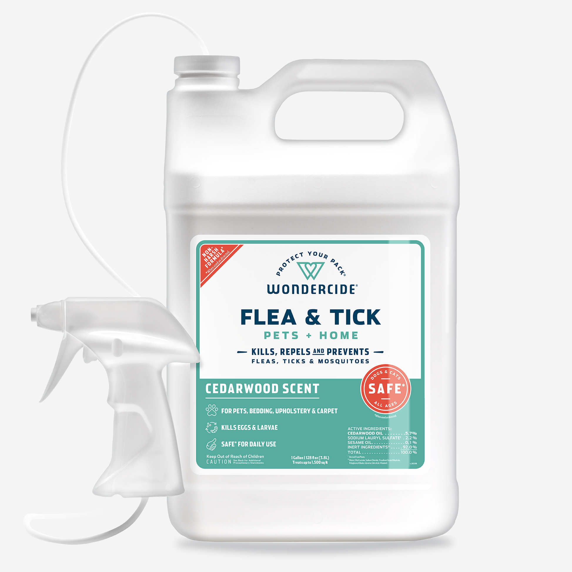 Wondercides 128 oz. Cedarwood Flea & Tick Spray, showcased on Shark Tank, comes in a white plastic jug with a spray nozzle. Its made with natural essential oils and is safe for daily use on pets, bedding, upholstery, and carpet to kill fleas, ticks, and mosquitoes.
