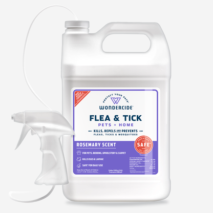 The Wondercide 128 oz. Rosemary Flea & Tick Spray for Pets + Home uses natural essential oils and a plant-powered formula to kill, repel, and prevent fleas, ticks, and mosquitoes. It has a rosemary scent and comes with a trigger spray, making it safe for pets and home use.