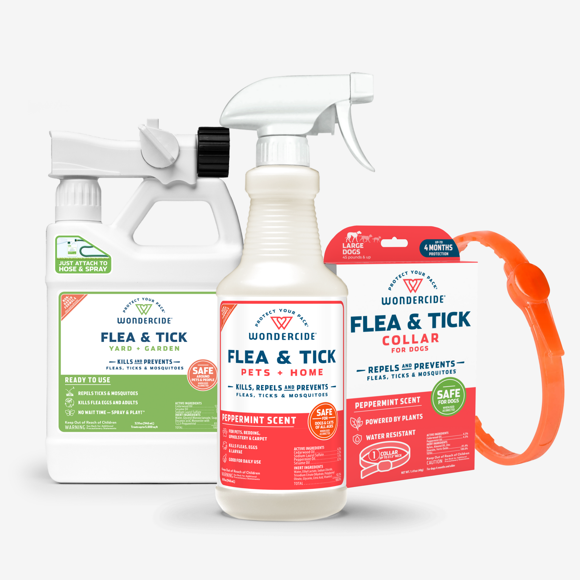 Explore Wondercides Flea & Tick 360 Protection Bundle: Collar & Sprays, featuring a yard spray with mosquito protection, peppermint-scented pet and home spray, and an effective dog collar, all highlighting safety and effectiveness.