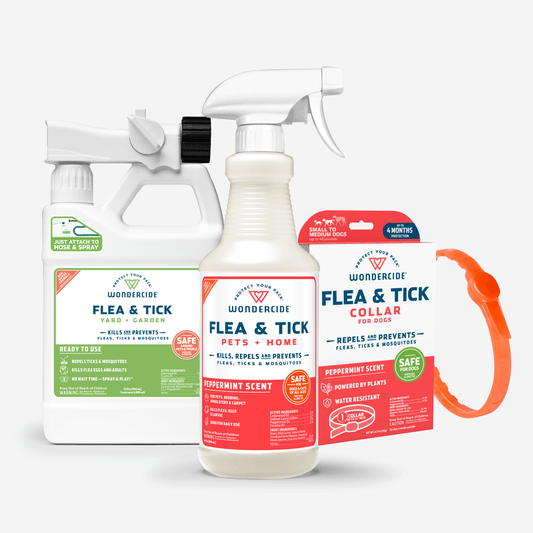 The Wondercide Flea & Tick 360 Protection Bundle includes a plant-powered yard spray, a peppermint-scented Flea & Tick spray for pets and home, and an orange flea and tick collar for dogs, all emphasizing safety, effectiveness, and mosquito treatment suitability.