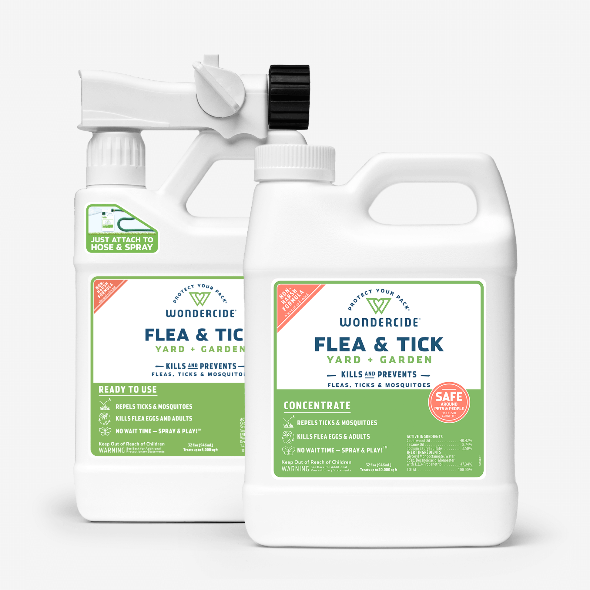The Wondercide Flea & Tick Yard Spray Refill Starter Kit includes two white containers—a ready-to-use hose attachment and a concentrate. Both feature green labels focused on insect prevention and mosquito repellent safety, leveraging natural essential oils for plant-powered lawn care.