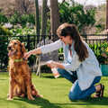 A woman kneels on grass, smiling as she sprays Wondercide 128 oz. Peppermint Flea & Tick Spray—safe for pets—onto a golden retriever in a green collar. Lush greenery and a wooden chair appear in the background.