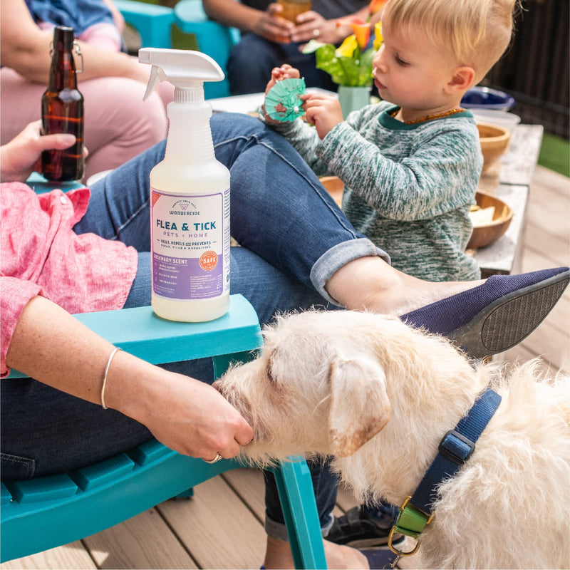 A woman outdoors holds Wondercide’s 128 oz. Rosemary Flea & Tick Spray, made with natural essential oils, while treating her white dog. A toddler enjoys a cupcake at a snack table as others mingle—safe for pets and family fun!.