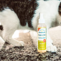 A bottle of Wondercide Flea & Tick Spray Scent Sampler sits on a speckled floor in front of a white and gray cat, highlighting that it’s safe for both dogs and cats.