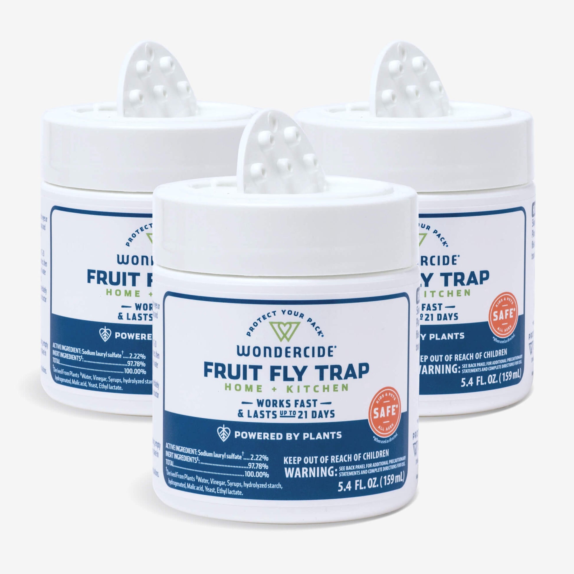 Three Wondercide Fruit Fly Trap for Home + Kitchen containers are shown. Each holds 5.4 fl oz (159 ml), with a vented white lid and blue-orange label, offering plant-powered protection for your kitchen or home.