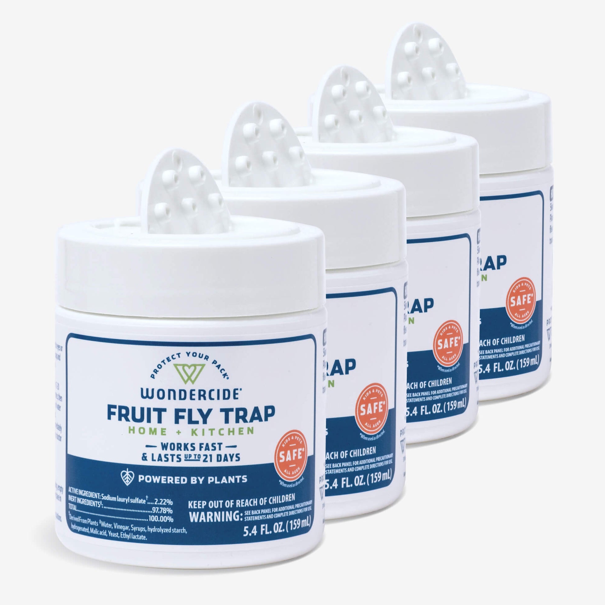 Four Wondercide Fruit Fly Trap for Home + Kitchen containers, each with a vented white lid and labeled for home and kitchen use, are lined up diagonally. They effectively trap fruit flies for up to 21 days.