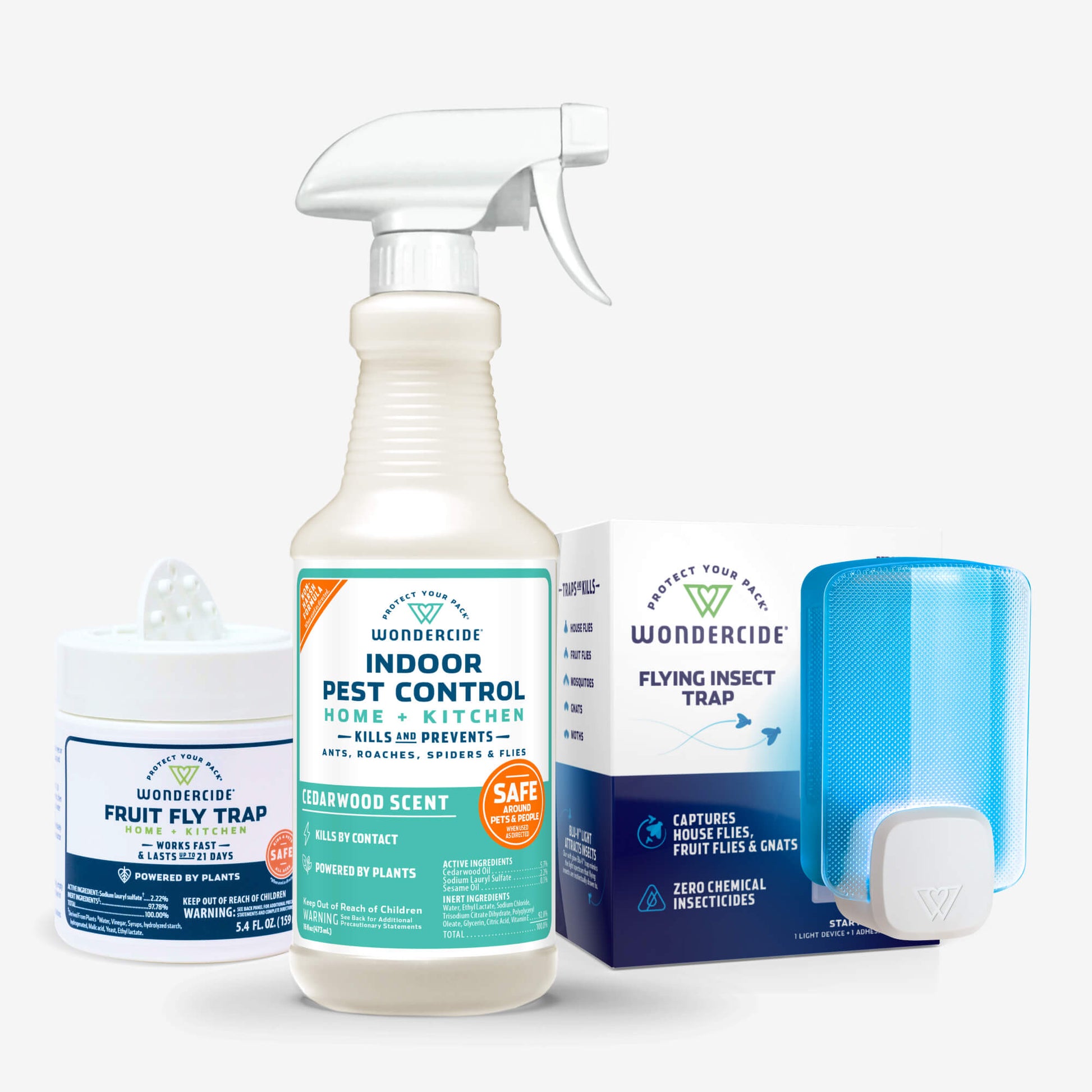 The Fast Bundle Holiday Host Bundle includes an indoor pest control spray, a Fruit Fly Trap container, and a blue Flying Insect Trap with replacement pads, all displayed together against a simple background.