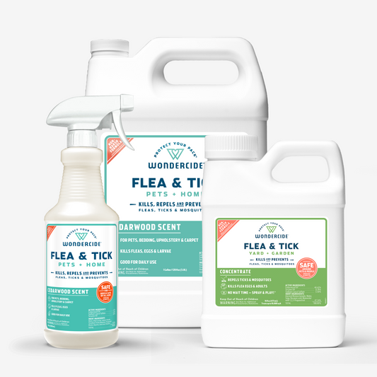 The image showcases the Wondercide Home Treatment Kit featuring Flea & Tick Sprays with Natural Essential Oils. It includes two spray bottles and a jug labeled Cedarwood Scent, designed to naturally kill and repel fleas, ticks, and mosquitoes for effective pest control.
