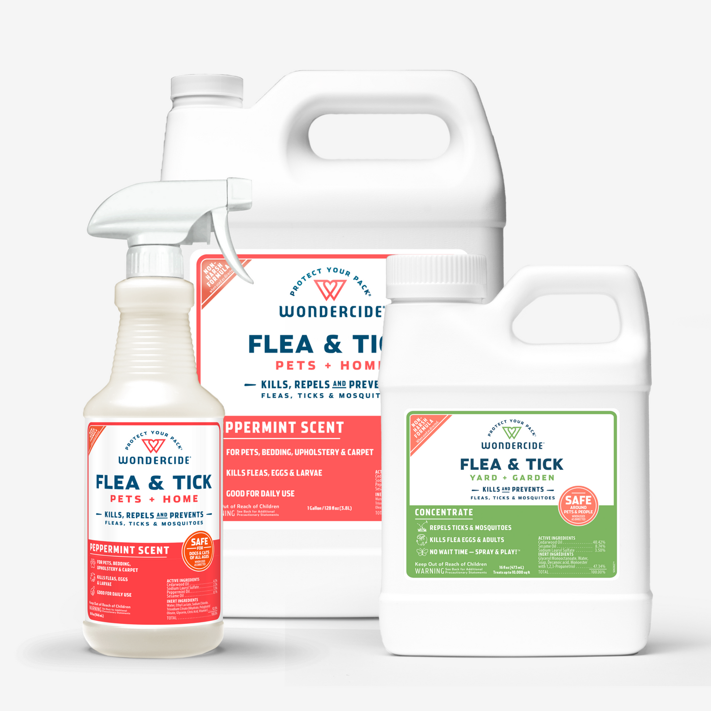 Wondercides Home Treatment Kit features three products: a spray bottle and two jugs. The labels, scented with essential oils, read Flea & Tick for Pets + Home and Flea & Tick for Yard + Garden, promising to kill, repel, and prevent infestations effectively.