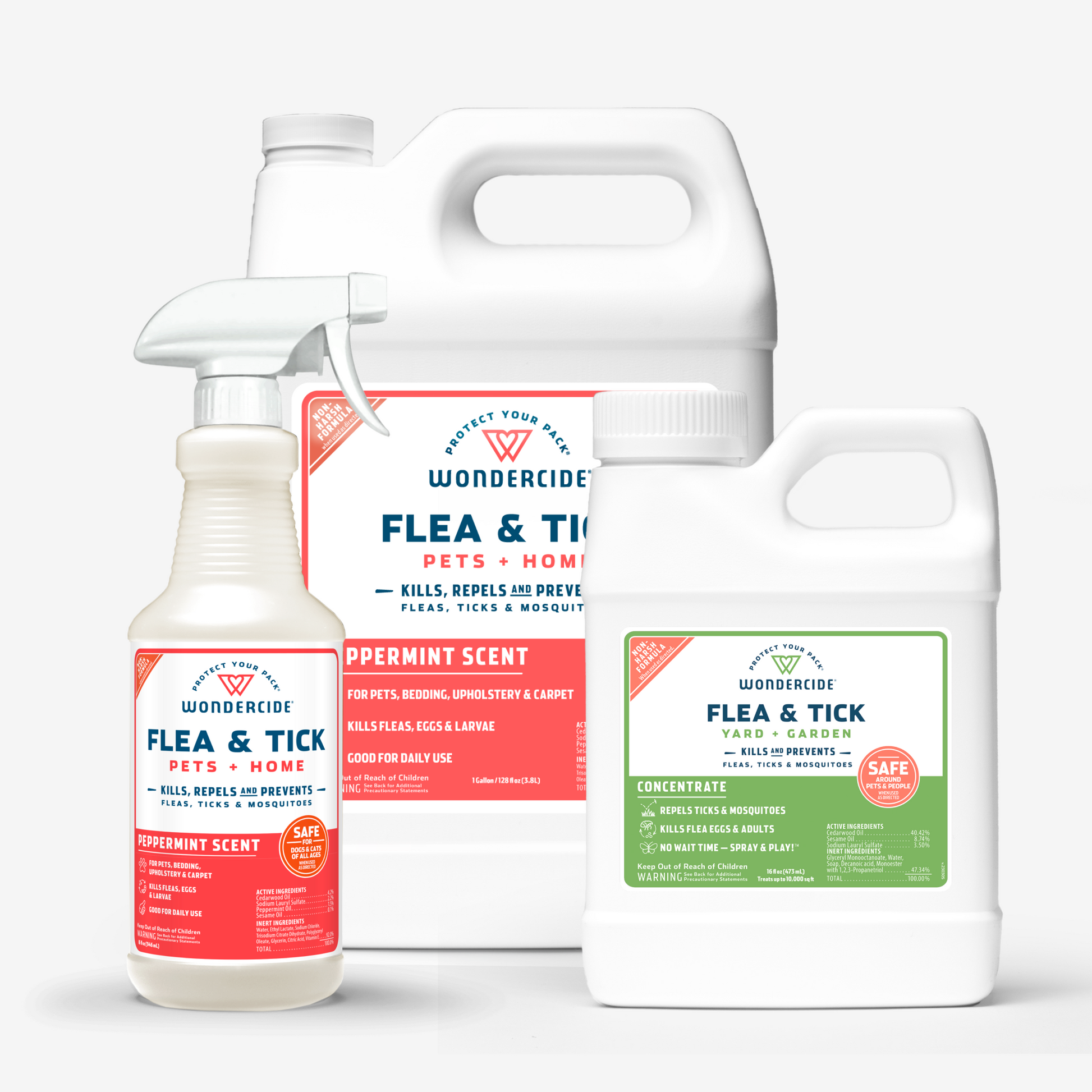 Wondercides Home Treatment Kit features three products: a spray bottle and two jugs. The labels, scented with essential oils, read Flea & Tick for Pets + Home and Flea & Tick for Yard + Garden, promising to kill, repel, and prevent infestations effectively.