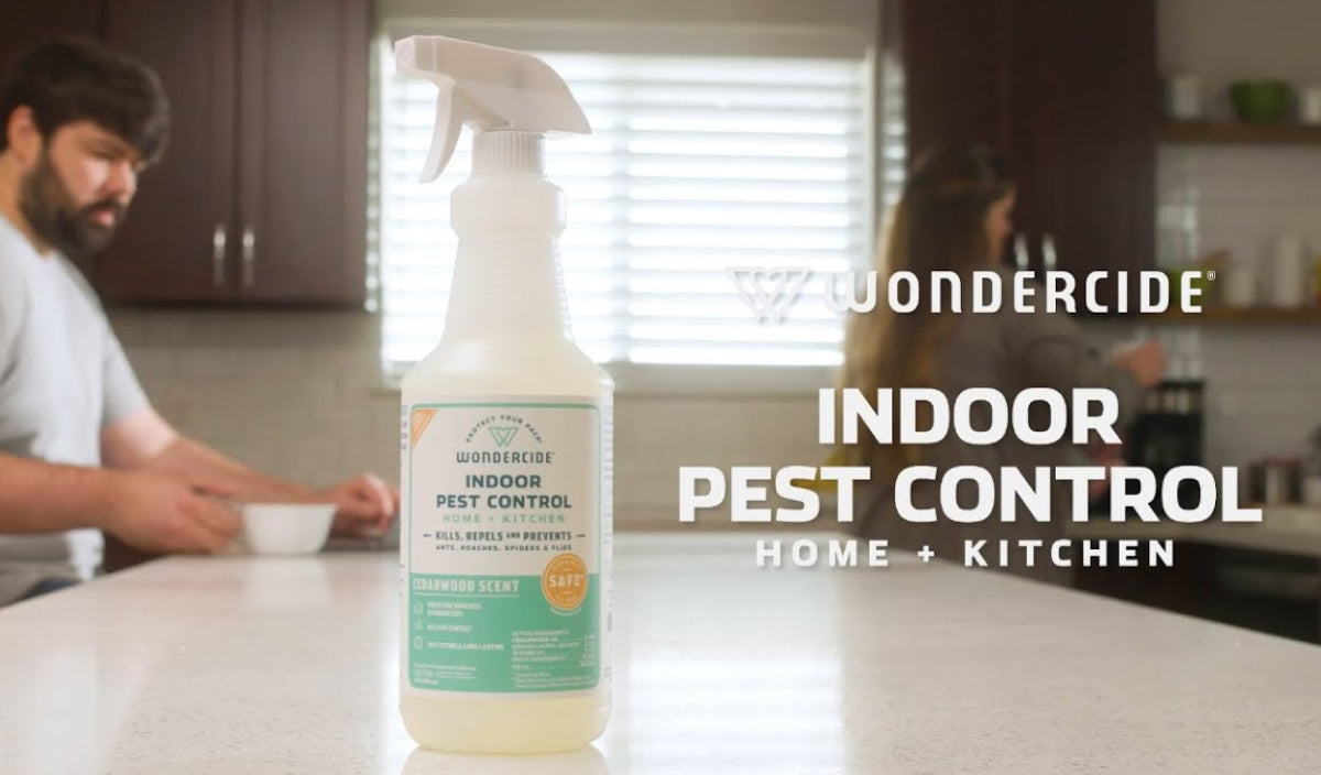 A bottle of Wondercide Indoor Pest Control for Home and Kitchen is on a counter. In the background, a person is holding a bowl in a kitchen with dark cabinets and a window.