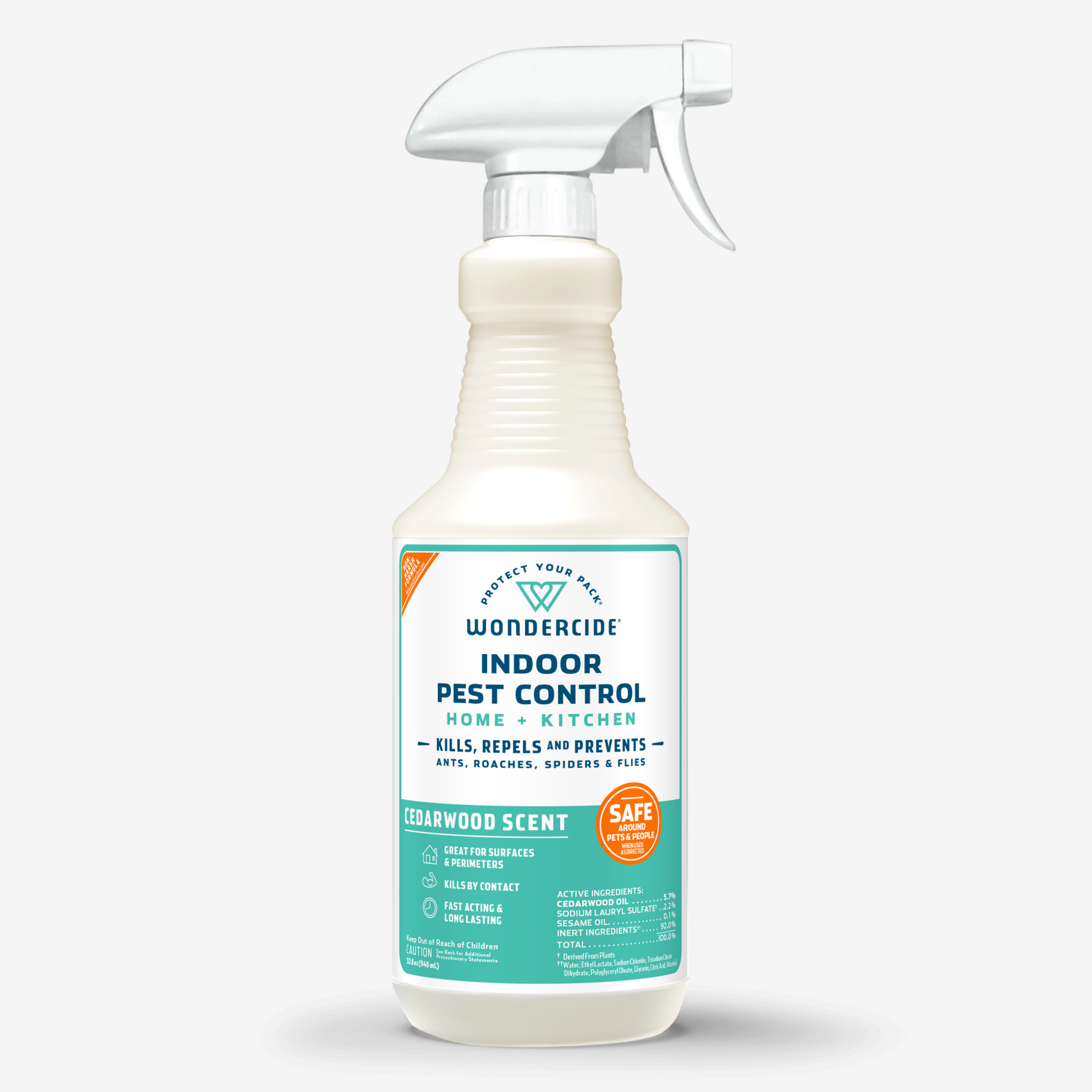 The Wondercide Indoor Pest Control spray bottle, featuring a cedarwood scent and natural essential oils, offers indoor pest protection for home and kitchen. It claims to kill, repel, and prevent pests like ants and spiders while being safe around children and pets.