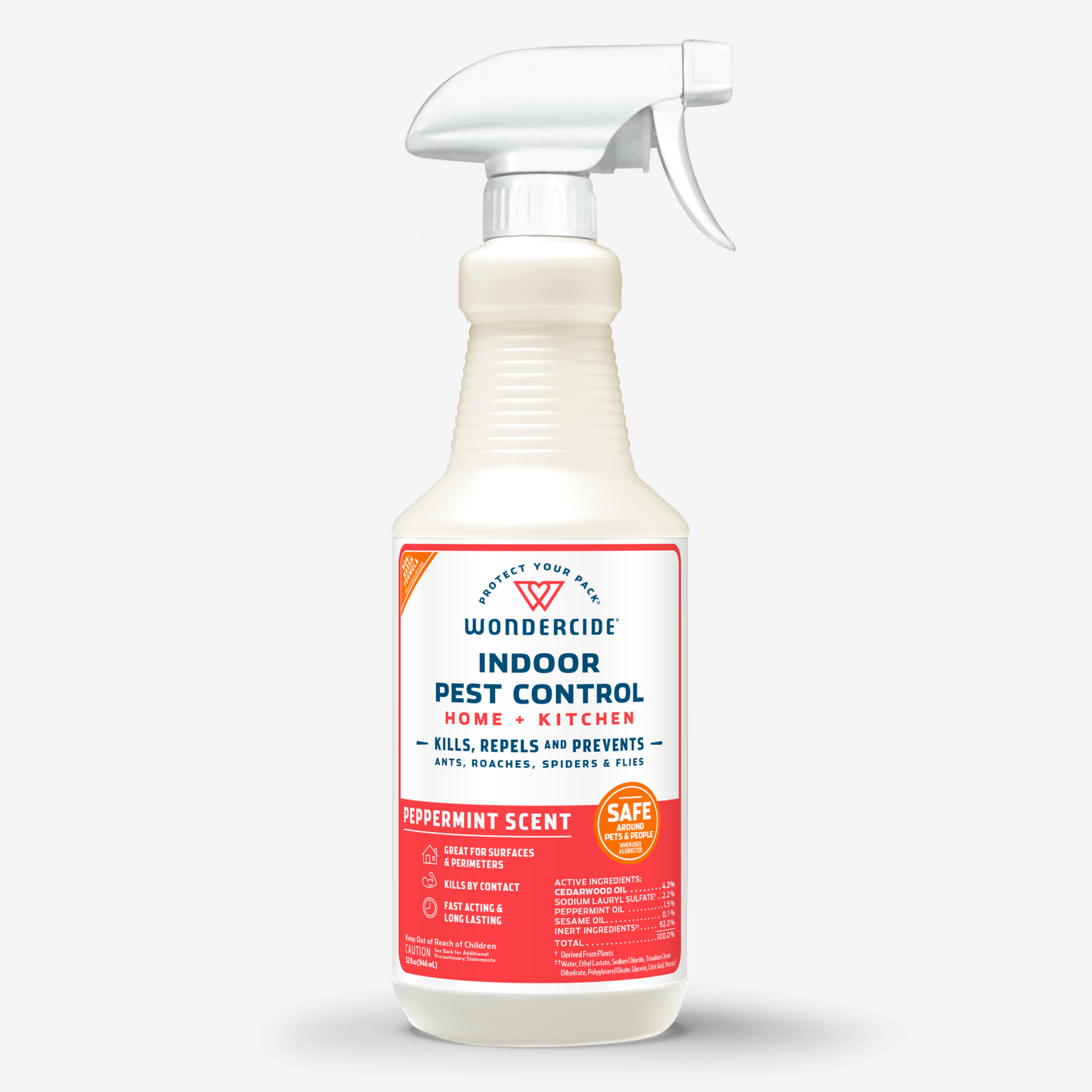 A white spray bottle of Wondercides Indoor Pest Control for Home + Kitchen, featuring natural essential oils and a peppermint scent, is safe around kids and pets. Its label has red and blue accents and offers effective protection against indoor pests.