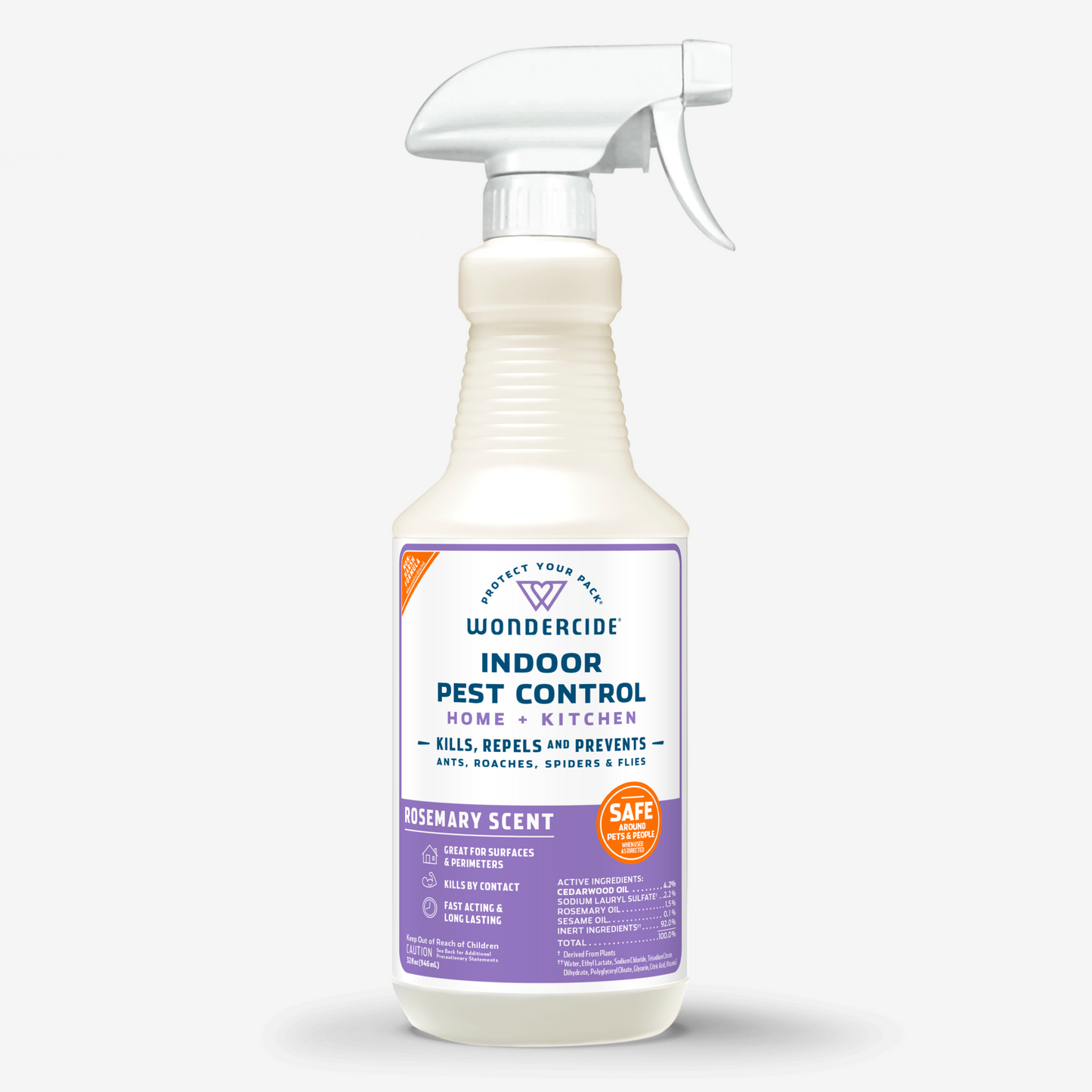 A spray bottle of Wondercides Indoor Pest Control for Home + Kitchen, made with natural essential oils and rosemary scent, claims to kill, repel, and prevent pests like ants and spiders. Its safe around pets and family-friendly.