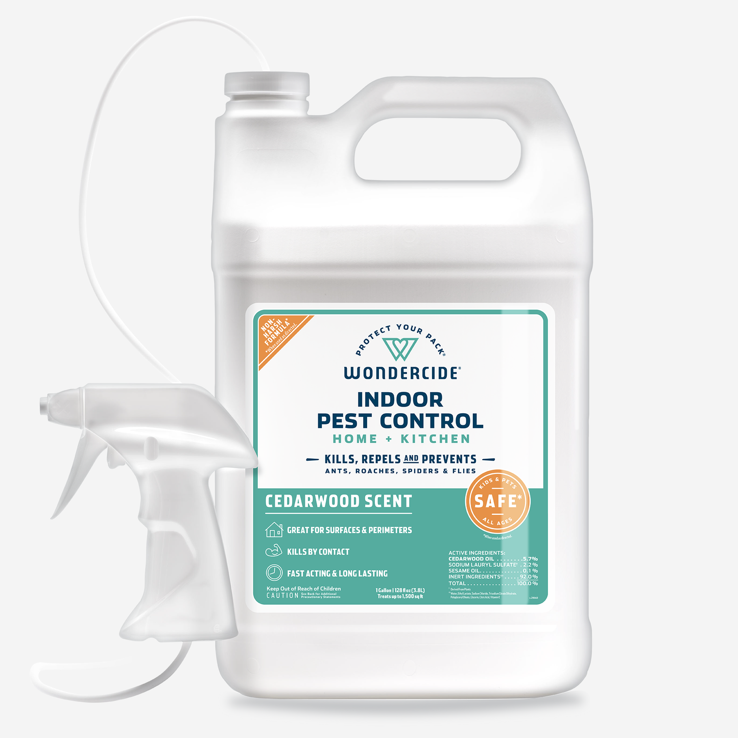 The Wondercide 128 oz. Cedarwood Indoor Pest Control for Home + Kitchen includes natural essential oils, kills, repels, and prevents pests like ants and spiders, is safe around pets, and comes with a spray nozzle for easy application.