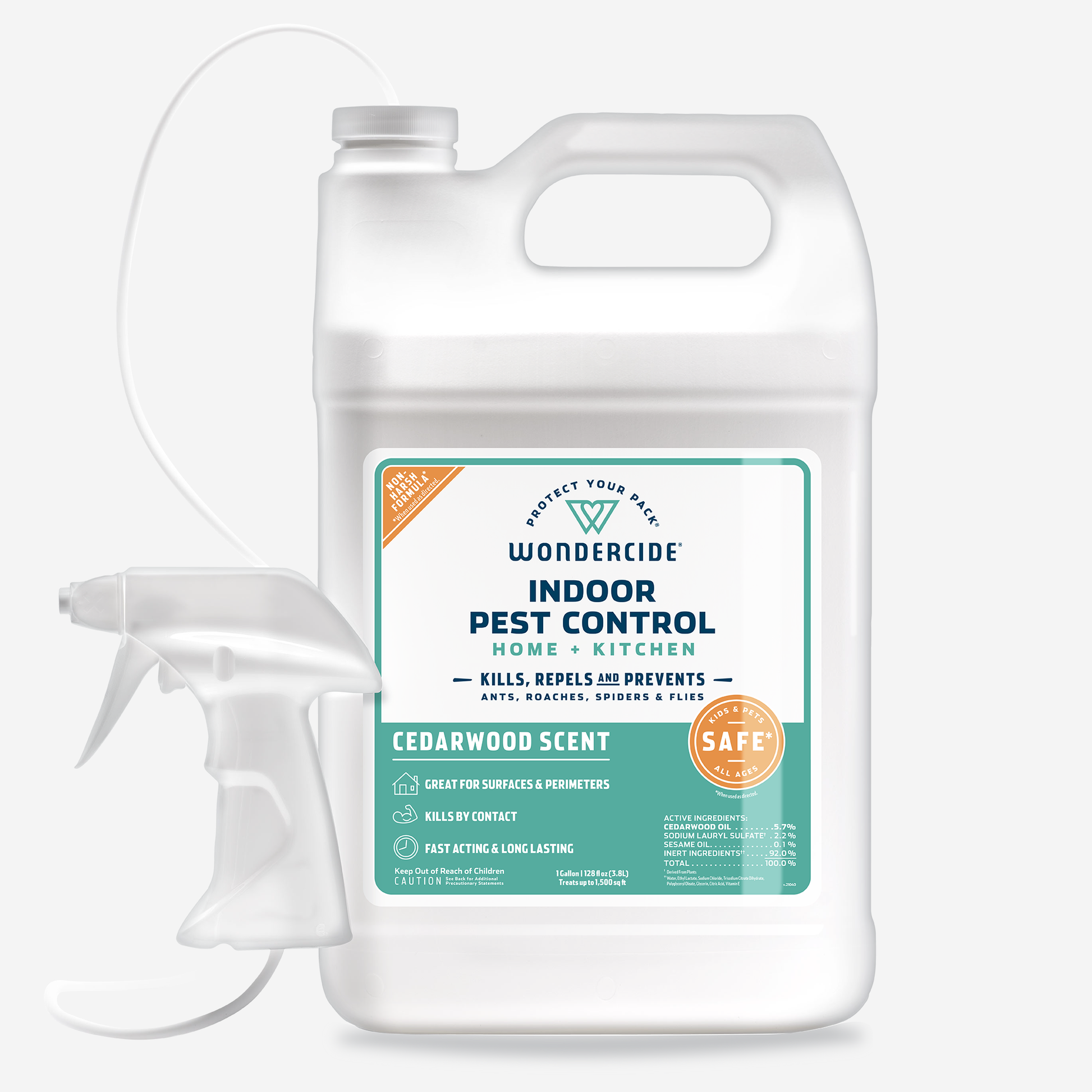 The Wondercide 128 oz. Cedarwood Indoor Pest Control for Home + Kitchen includes natural essential oils, kills, repels, and prevents pests like ants and spiders, is safe around pets, and comes with a spray nozzle for easy application.