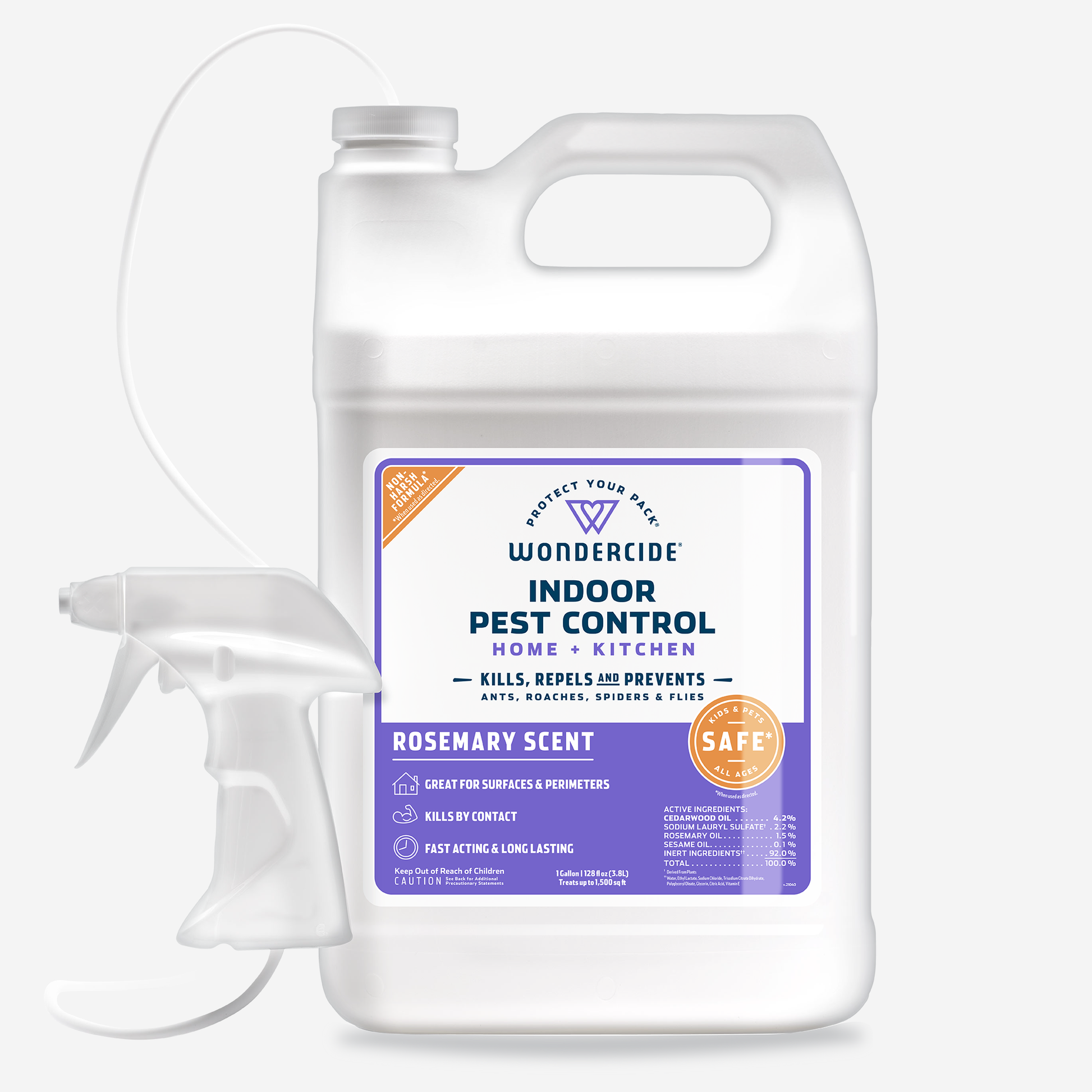 The 128 oz. Wondercide Rosemary Indoor Pest Control for Home + Kitchen leverages natural essential oils to kill, repel, and prevent pests like ants and roaches. Fast-acting and safe around pets, it is packaged in a white spray bottle.