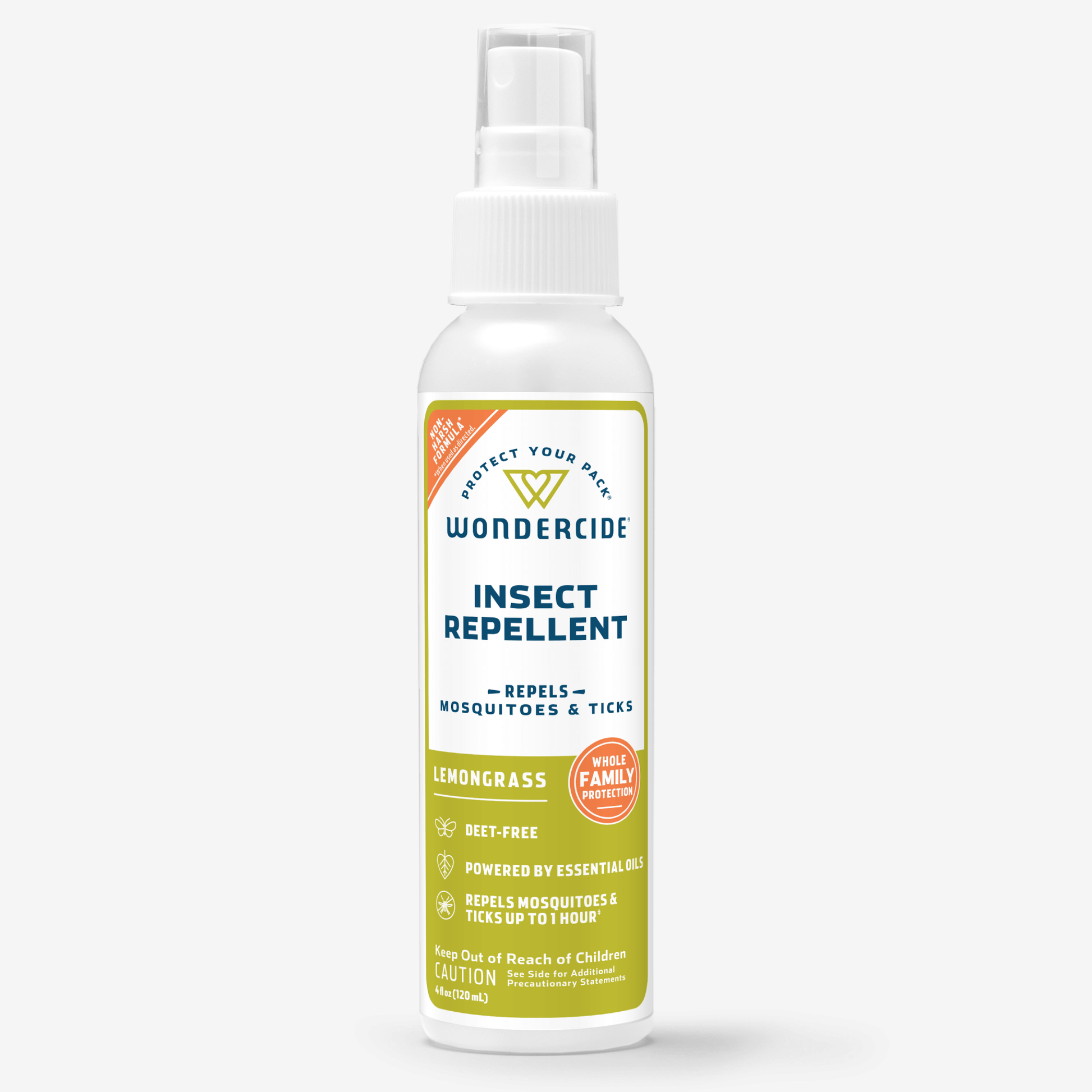 Wondercide Insect Repellent for Family with Natural Essential Oils comes in a white pump spray bottle with a yellow label. Powered by plant-based lemongrass, it repels mosquitoes and ticks—safe for the whole family and ideal for daily use.