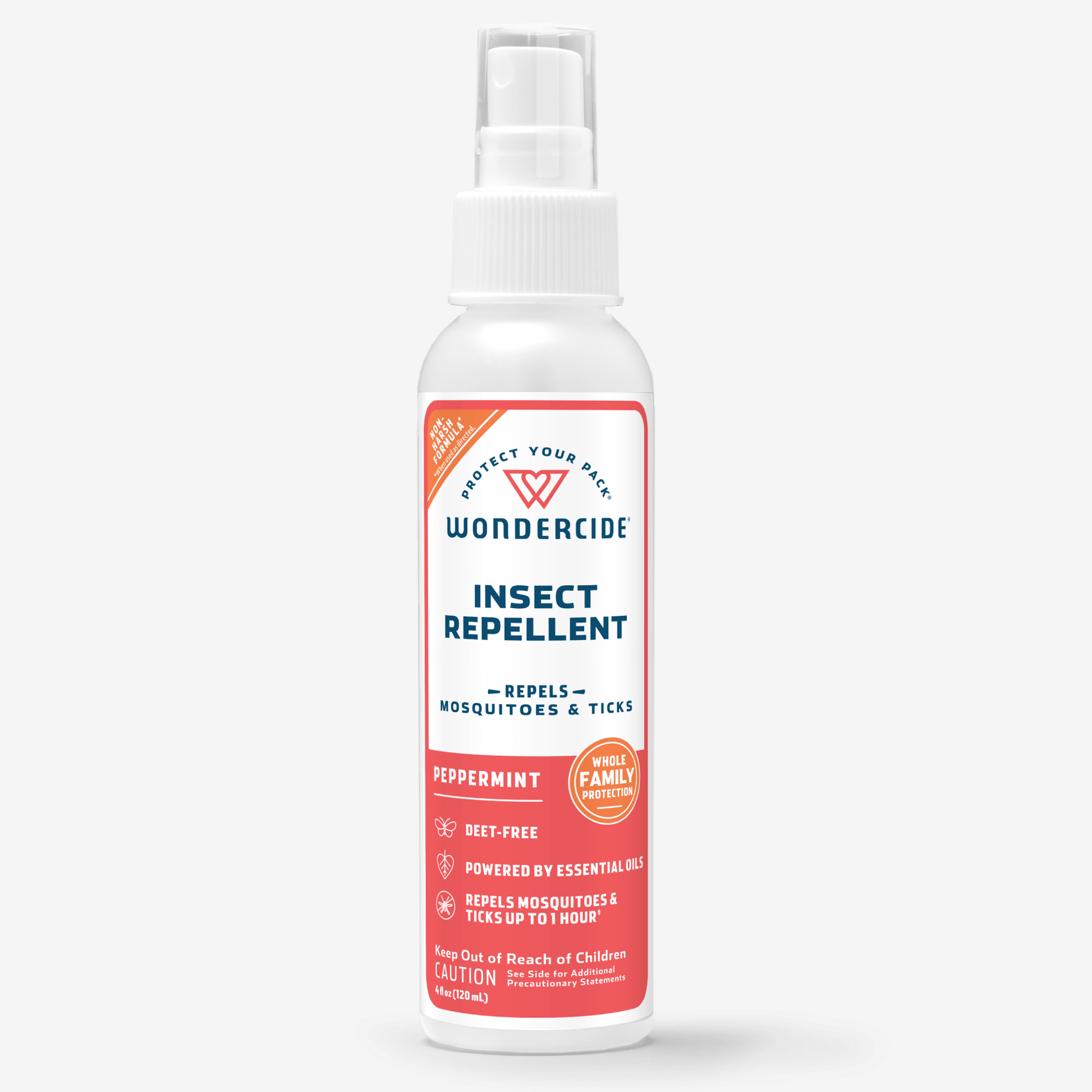 A white spray bottle of Wondercide Insect Repellent for Family with Natural Essential Oils, peppermint scent, is labeled as repelling mosquitoes and ticks, family-friendly, DEET-free, and powered by essential oils.